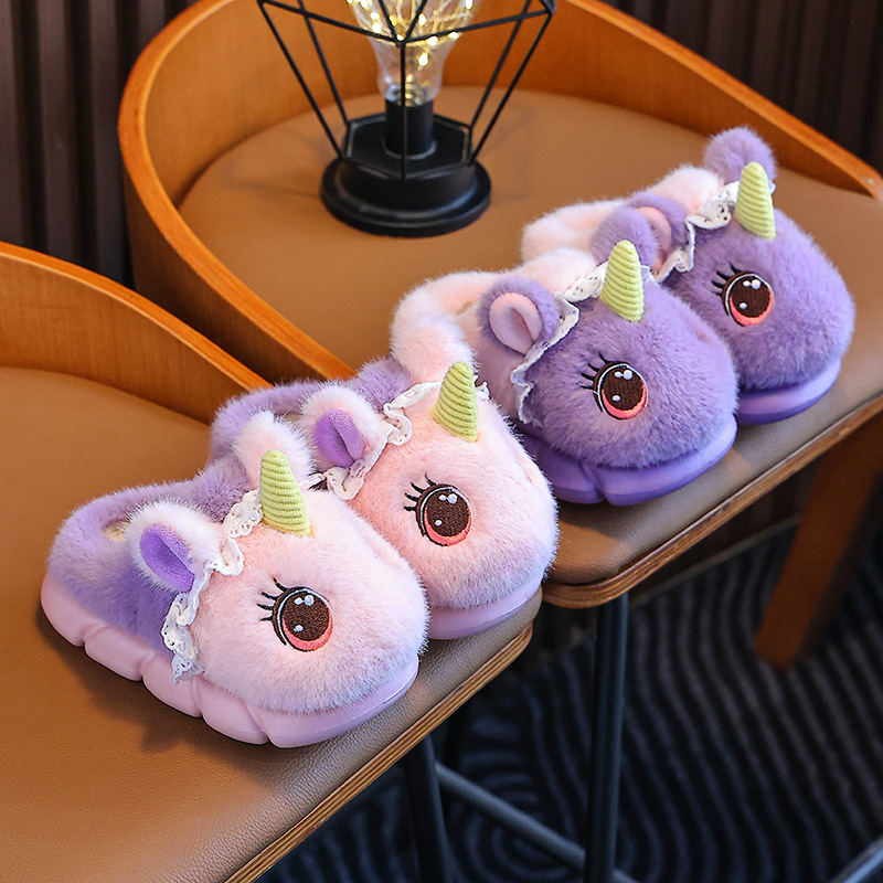 Unicornio zapatillas de algodón para niños de invierno para niñas con peluche cálido en el hogar zapatillas de peluche de interior para niños pequeños