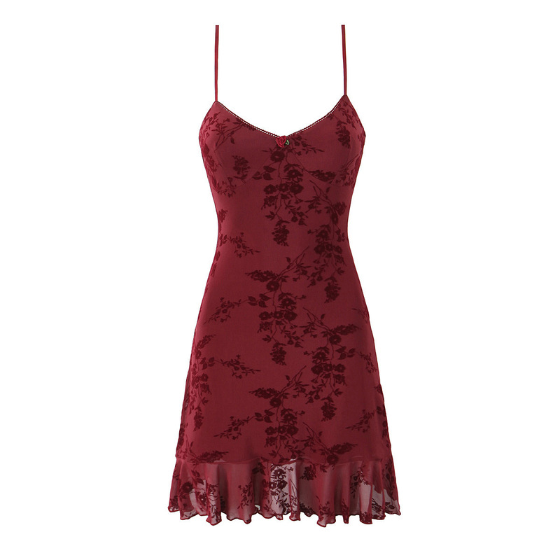 New French-Style Retro Floral Velvet Slip Dress with Sexy V-Neck, Slim Fit, Open Back, and Bodycon Mini Skirt