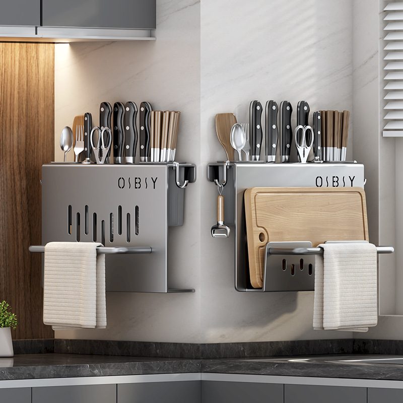 Knife Holder Storage Rack Kitchen Wall-Mounted Multi-Functional Cutting Board Knife Holder Chopstick Barrel Knife Holder Integrated Knife Storage Rack