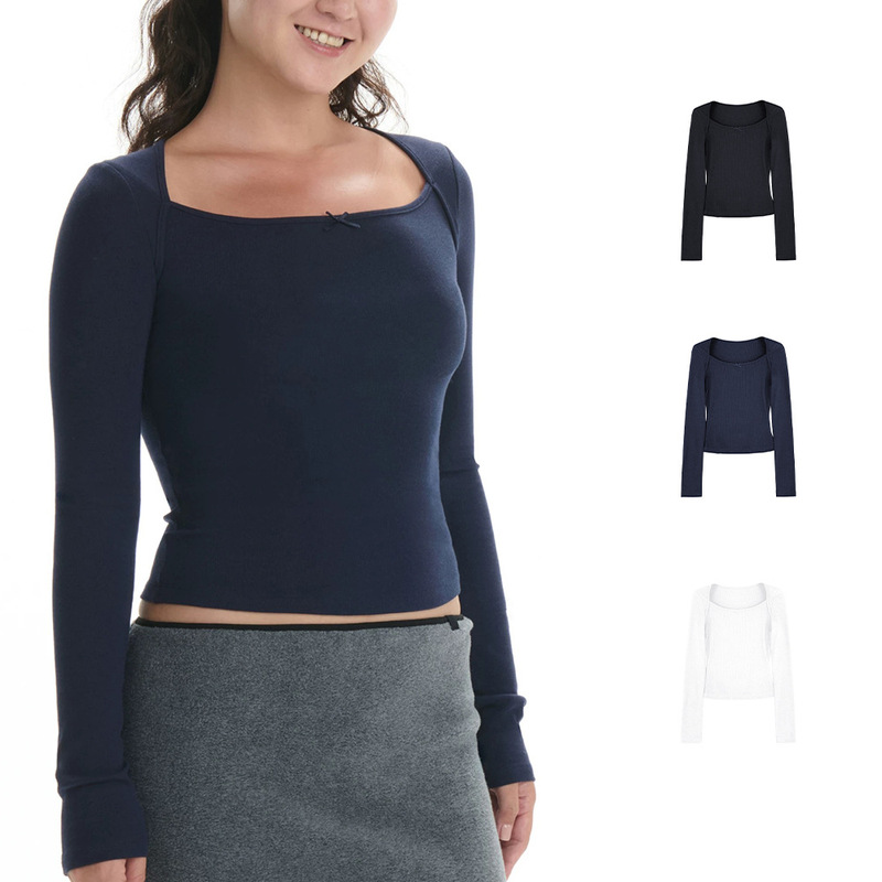 Ra New All-In-One Slimming Look and Versatile Casual Top Boat Neck Bow Long-Sleeved T-Shirt Sleeve Vest for Women