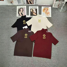 2025早秋新款小香镂空钩花高领针织衫女辣妹百搭短款短袖T恤上衣