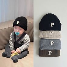 ins宝宝秋冬毛线韩版简约字母婴儿帽子那女儿童针织保暖翻边帽潮