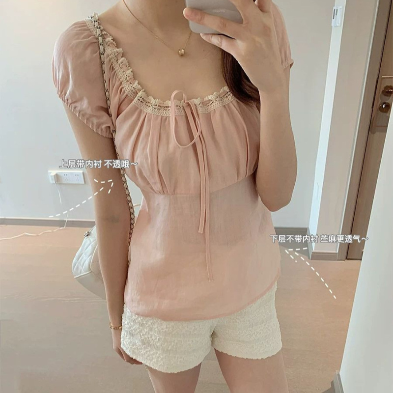 Sea Salt and Rose Adjustable Lace Collar Slimming Top for Women, Summer Youthful Style Ramie Pink Shirt