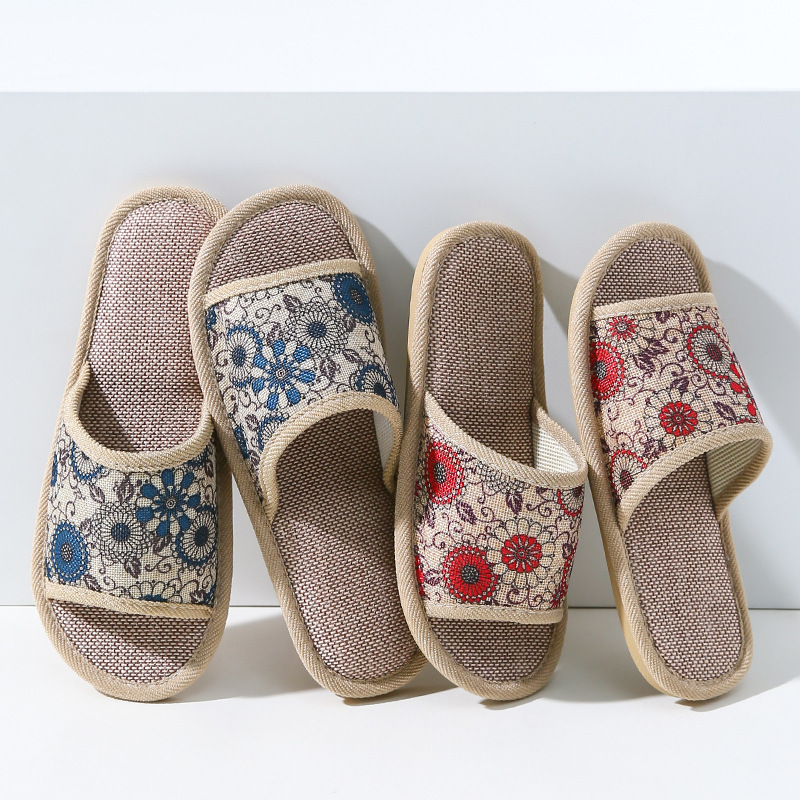 Zapatillas de lino de mujer interior antideslizante primavera y verano abierto para el suelo de casa pareja sandalinas para hombre