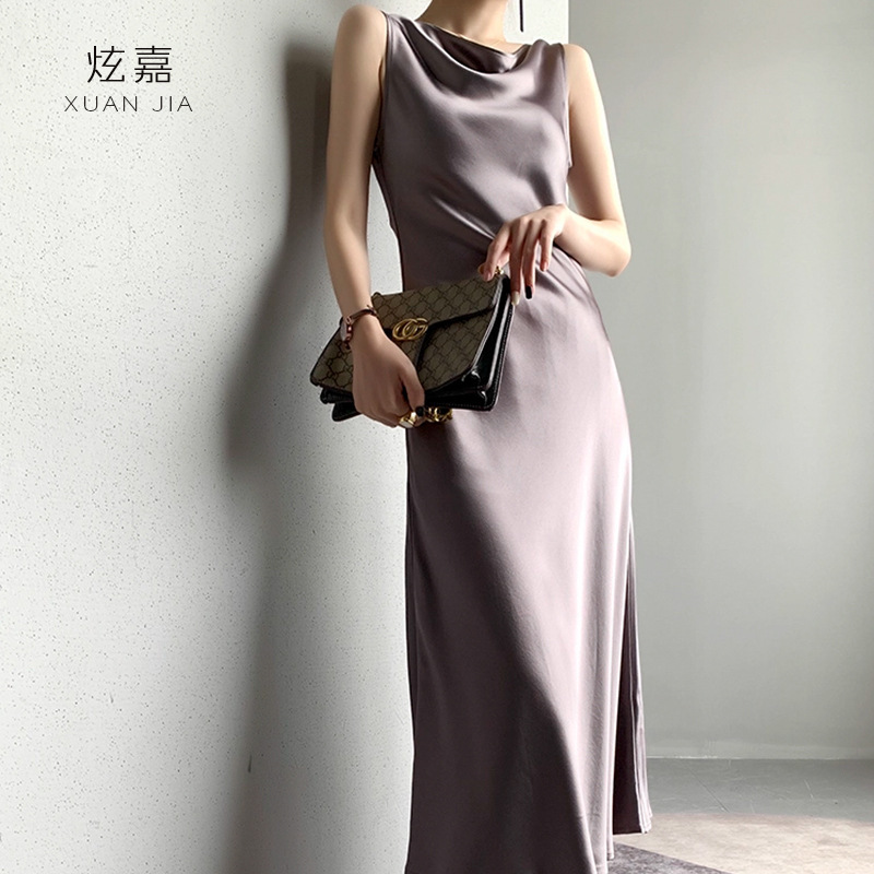 Silk Swing-Neck Sleeveless Dress for Women, 2025 Spring and Summer New Product, 100% Mulberry Silk, French Elegant Satin Long Dress