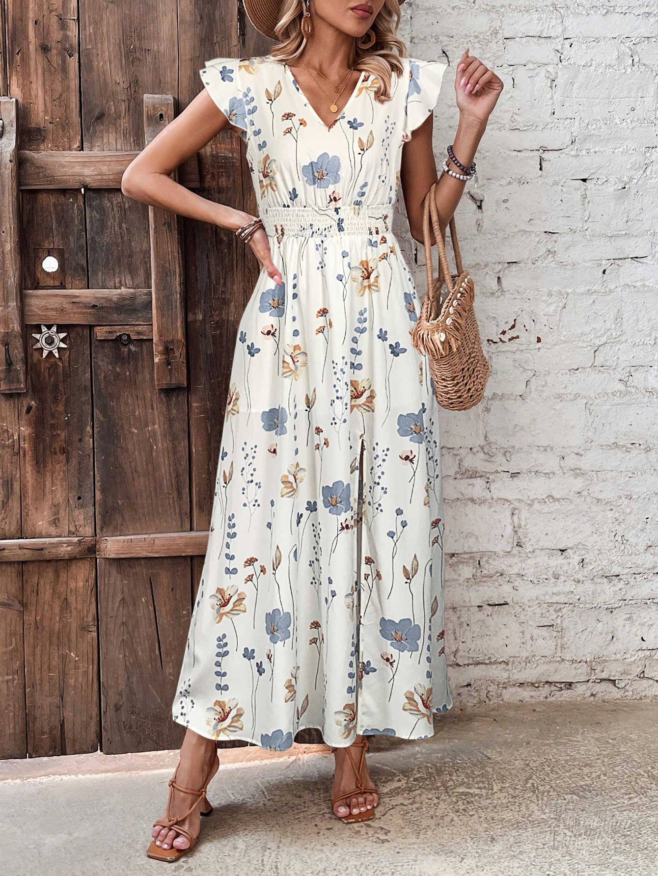 European And American Style Ruffled V-Neck Cross-Border Trade New High-Waisted Slit Printed Long Dress_ecoleips.com