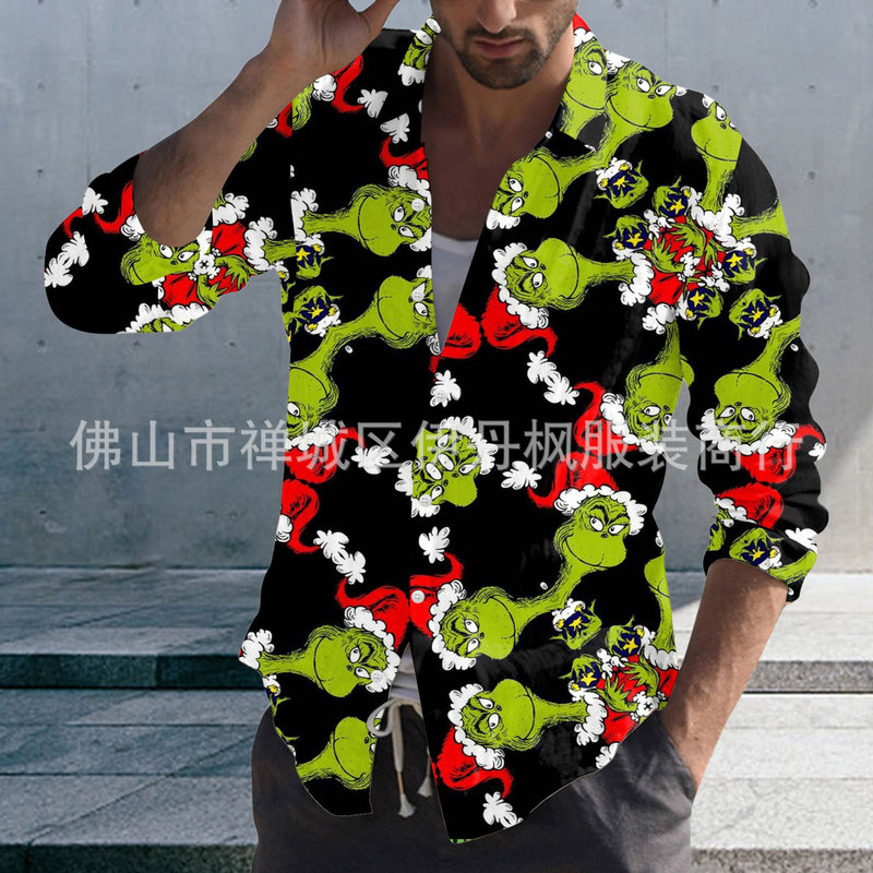 23 Men's European and American Foreign Trade Grinch Christmas Long Sleeve Digital Printed Shirt Casual Top 23 Men's European and American Foreign Trade Grinch Christmas Long Sleeve Digital Printed Shirt Casual Top