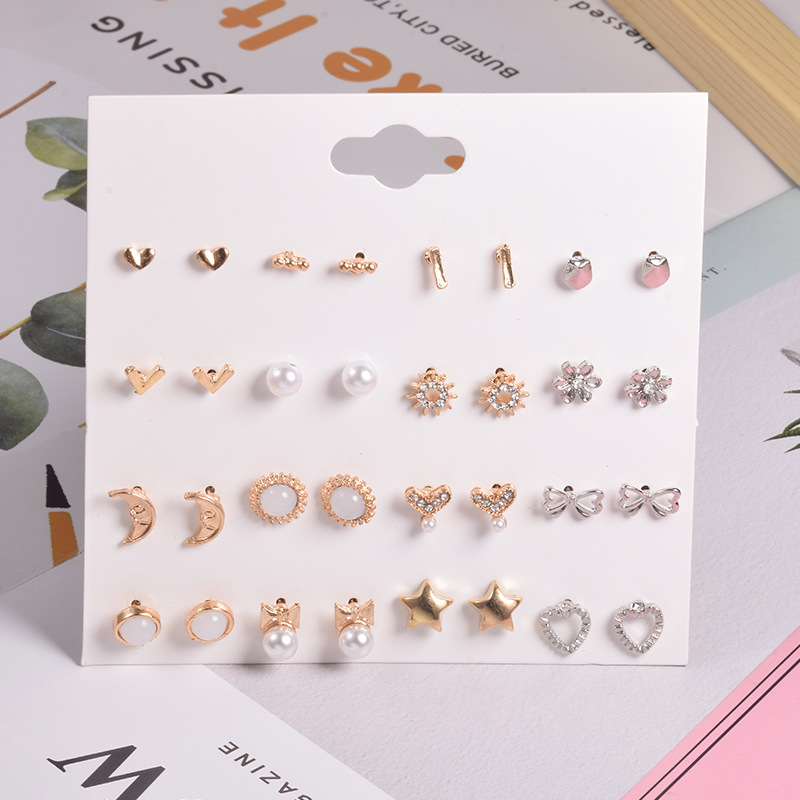 Fashion Trend Simple Love Butterfly Star Moon Flower Geometric Diamond Pearl Earrings 16 Pair Combination Set display picture 1