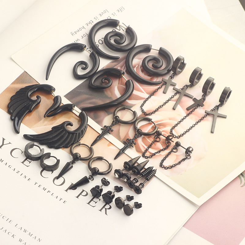 Black Cone Ear Studs Set for Men - Fashion Geometric Stainless Steel Earrings detail image 9
