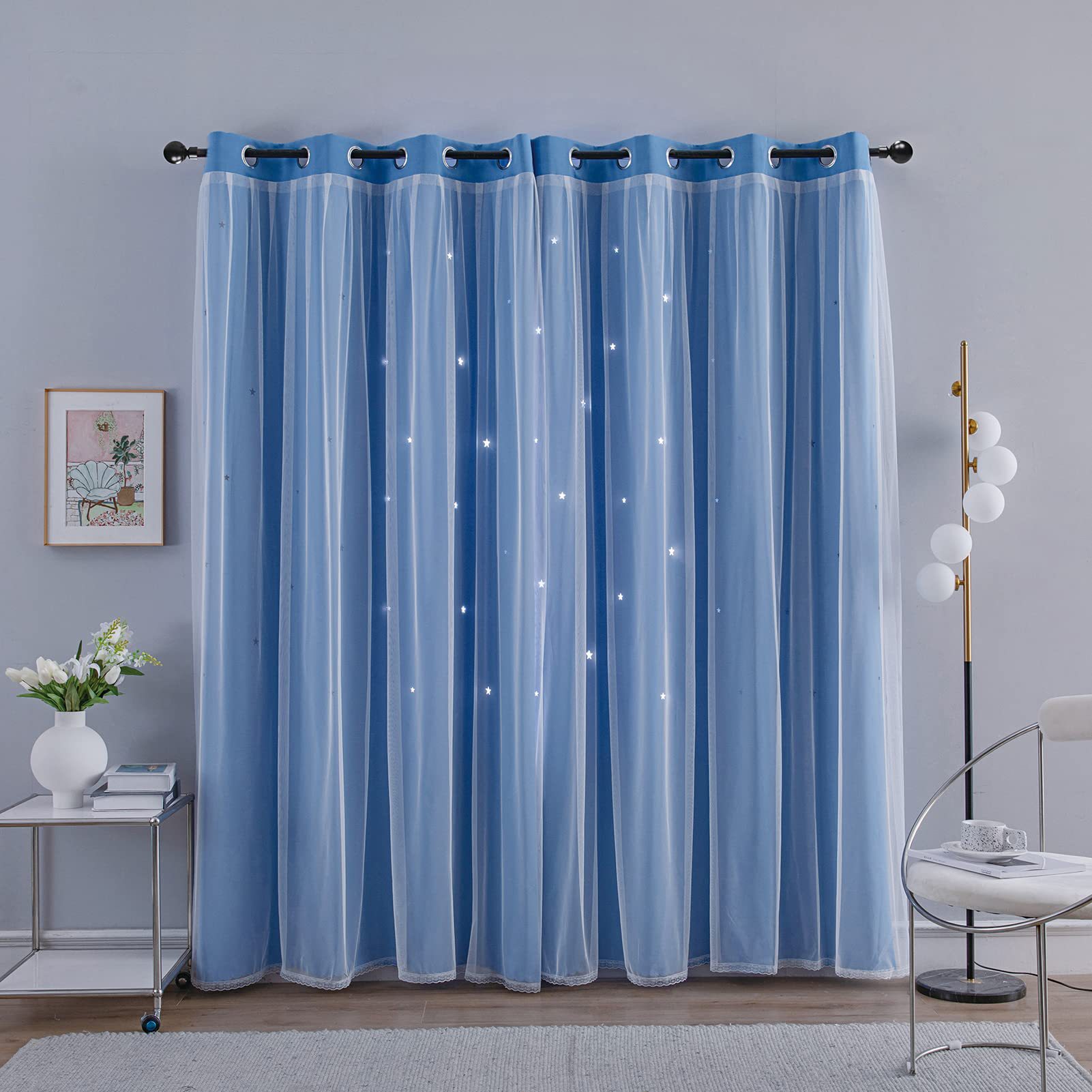 double layer curtains hollow star blackout rod punching short curtains_voghion.com