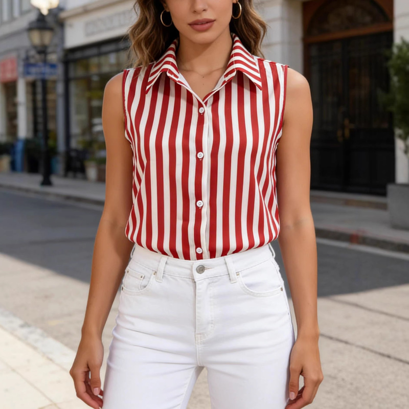 Cross-Border European and American Women's Clothing, Summer Retro Striped Vest, Polo Collar Sleeveless Top, Elegant and High-End Shirt for Women