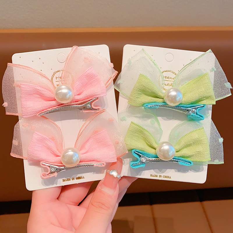 韩版珍珠立体蝴蝶结兔耳朵宝宝对夹小清新泡泡纱儿童发夹可爱头饰