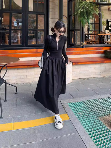 French-style gentle wind, waist-cinching, slimming, versatile one-piece dress for spring and autumn, elegant zipper base dress, large skirt, high-waisted slimming