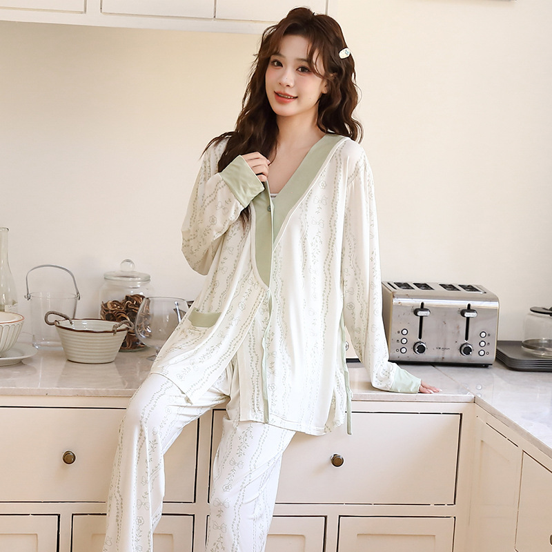 2025 새로운 봄과 여름 산후 모달 간호 임산부 잠옷 앉아 월 홈 옷 세트 긴 소매 외부 착용