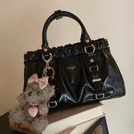 南风Chio2nd 黑皮大小姐托特包复古褶皱手提包包女通勤单肩斜挎包