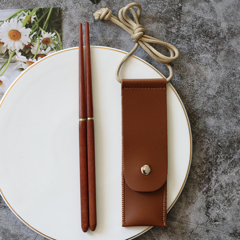 Acampar al aire libre plegable rojo sándalo palillos viaje de acero inoxidable ala de pollo Ebony palillos de almacenamiento portátil regalo