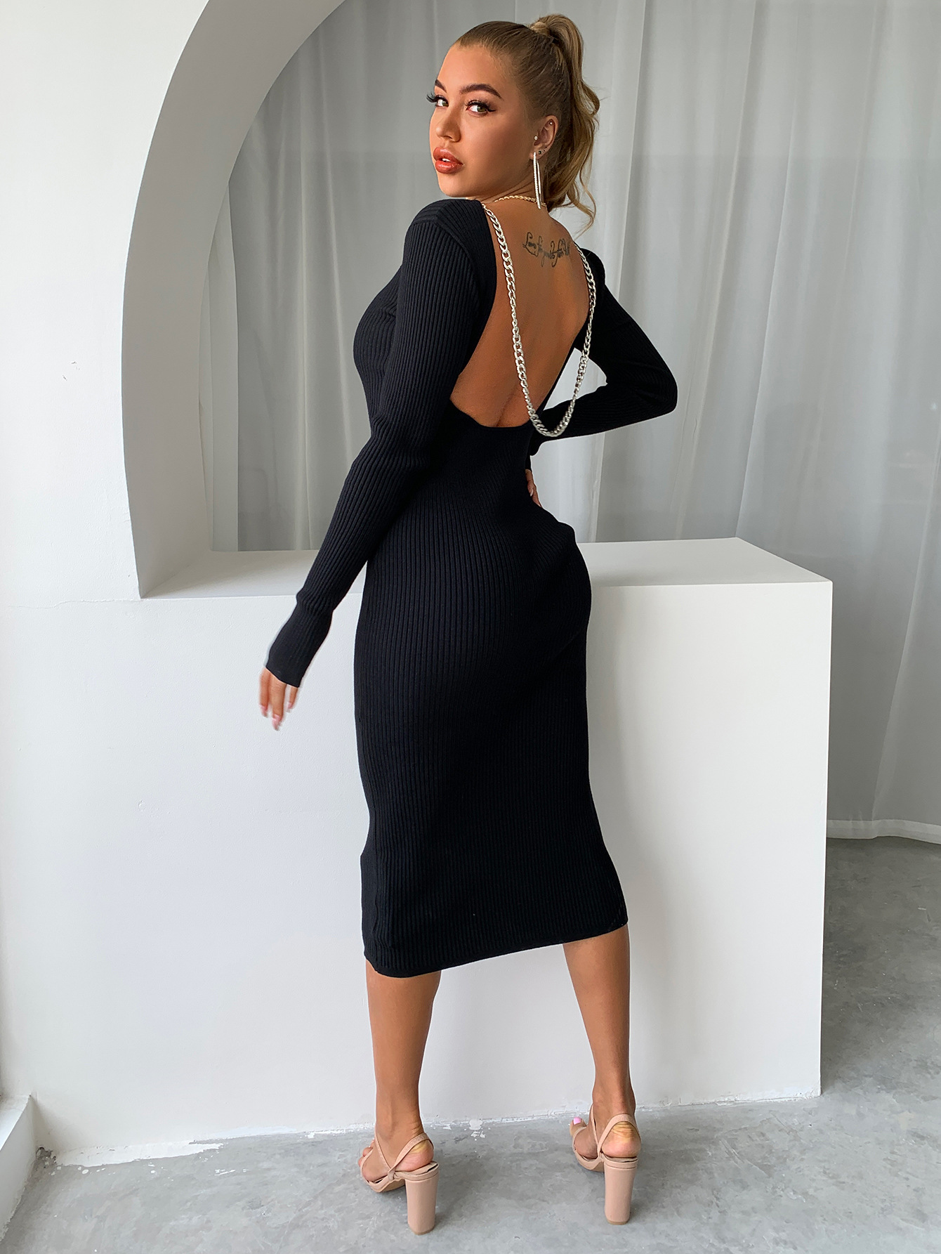 Knitted Hollow Chain Open Back Sheath Dress NSYI114377