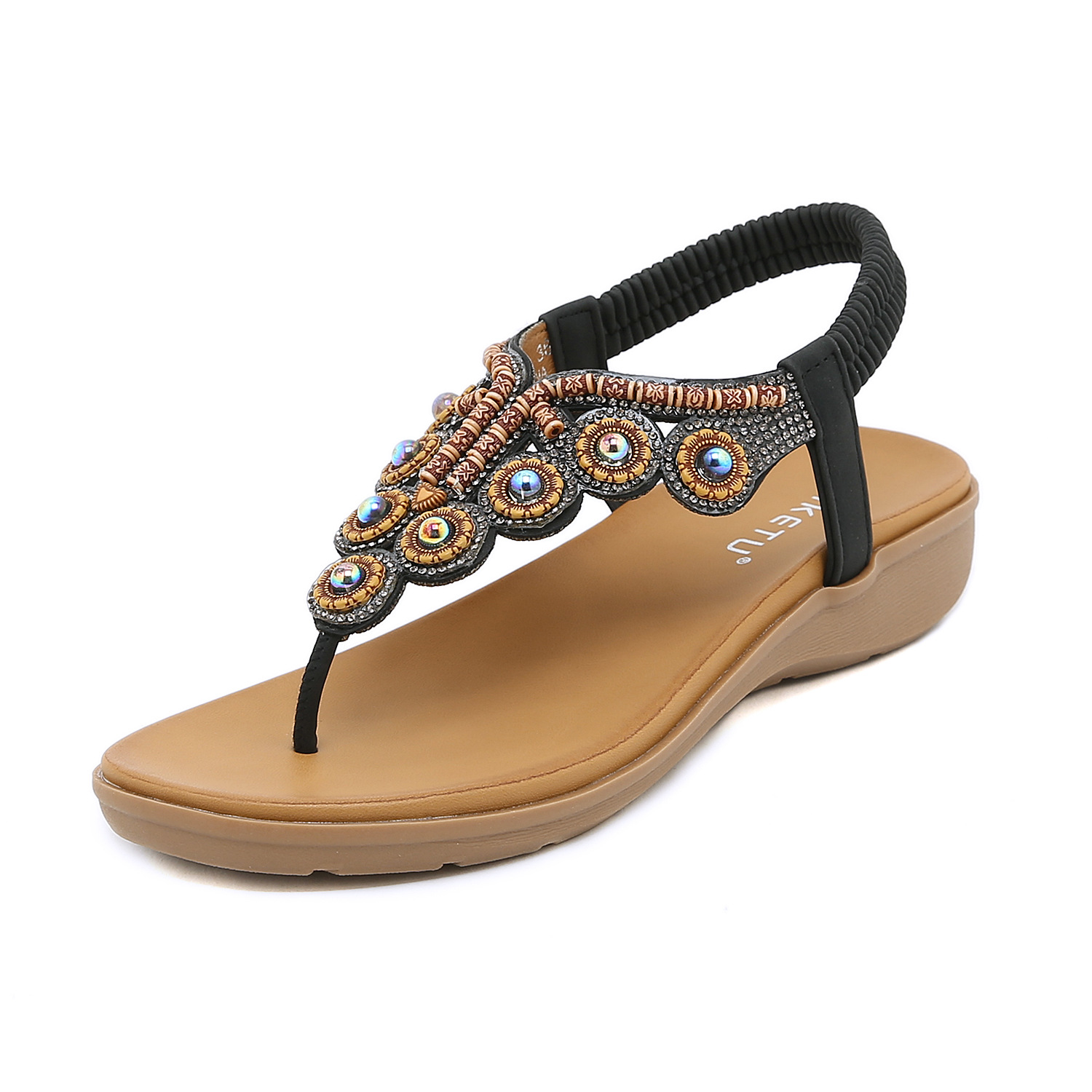 2024 verano nuevo estilo bohemio flip-flops con cuentas rhinestone hebilla elástico talón goma banda zapatos de mujer