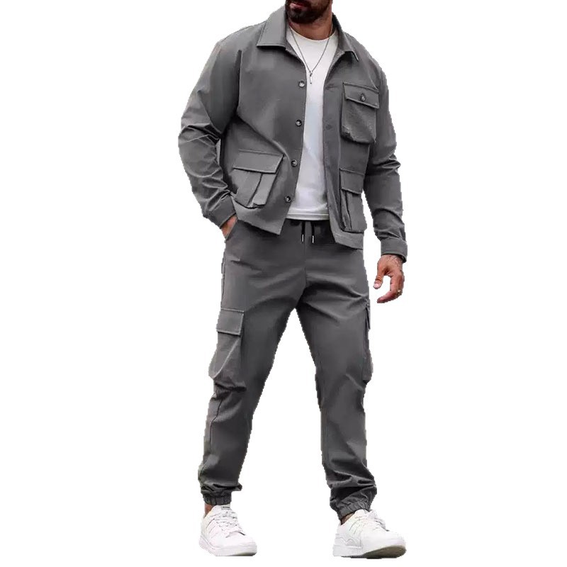 Giacca da lavoro europea e americana con fori incrociati, pantaloni lunghi multitasche, abbigliamento sportivo casual da esterno, completo da uomo alla moda._voghion.com