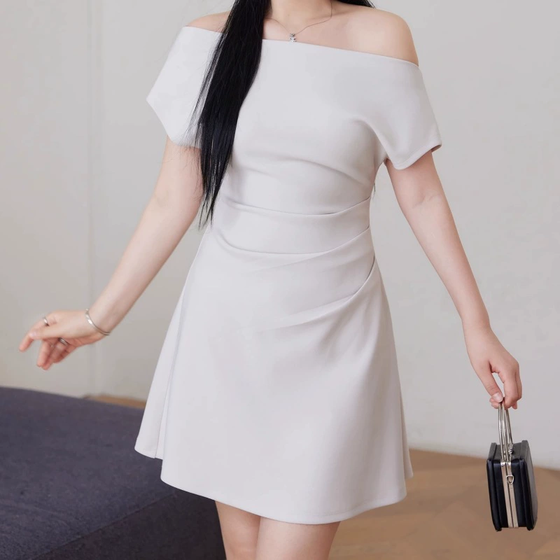 Женское абрикосовое платье с короткими рукавами, летнее элитное утягивающее платье больших размеров, элегантная однотонная юбка, облегающая бедра, с наклонными плечами и облегающей талией.