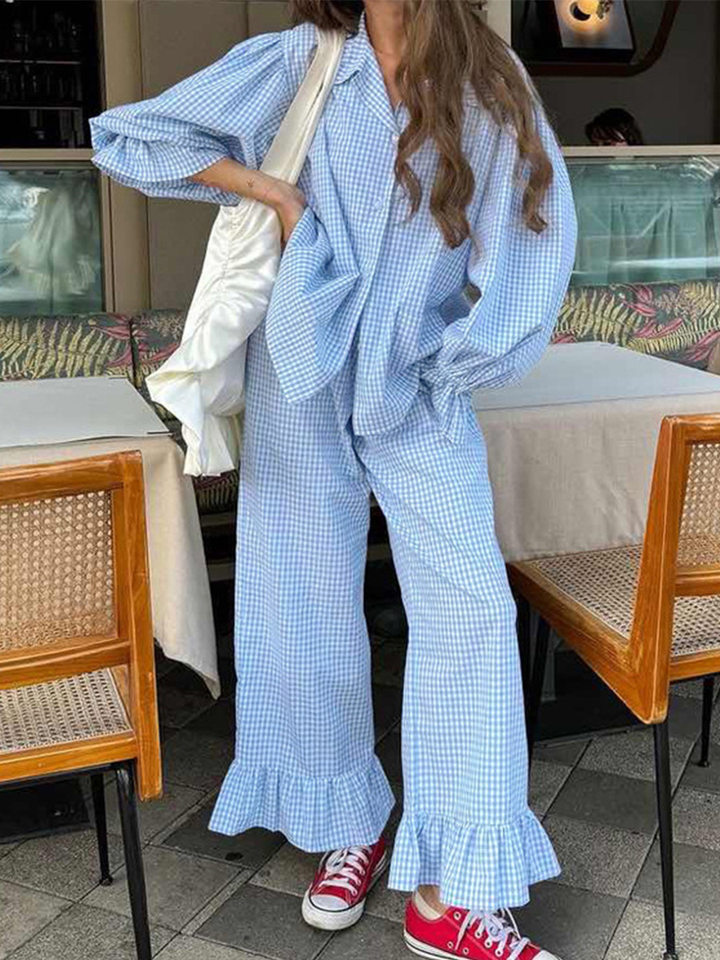 Bộ đôi áo sơ mi tay dài bèo nhún và quần dài kẻ caro cotton — hồng chi tiết 21