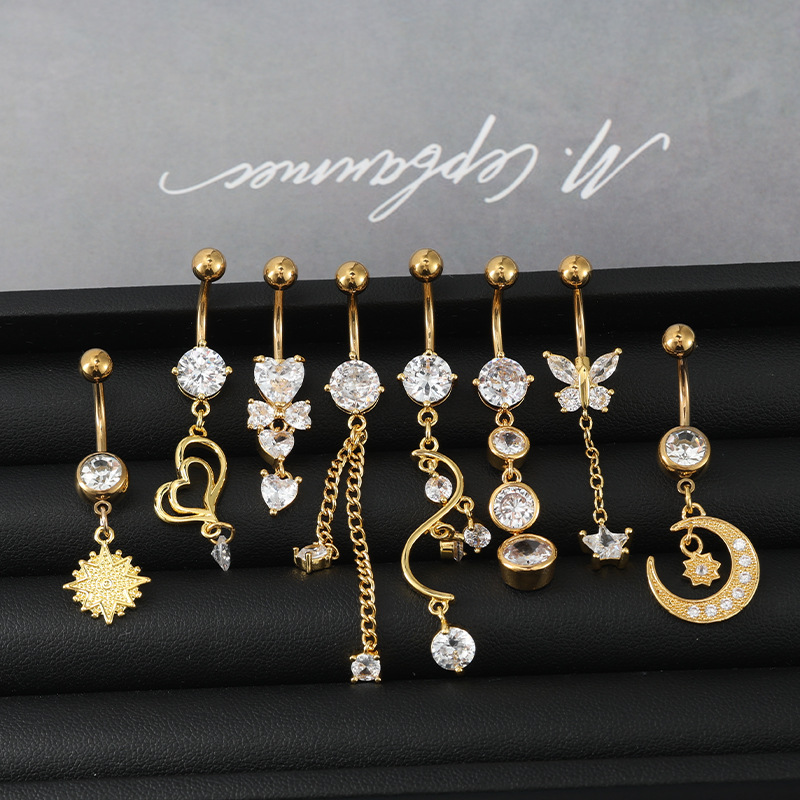 Wholesale 8-Piece Stainless Steel Belly Ring Set: Star, Moon, Butterfly, Heart Designs, Mixed Styles detail image 7