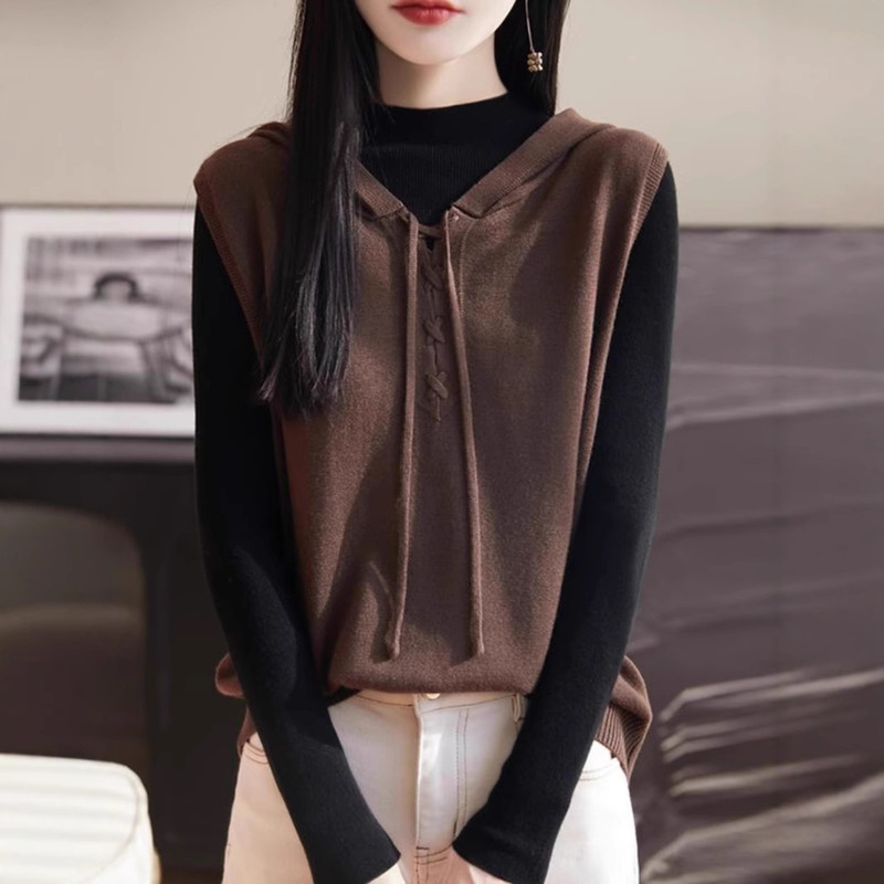 Spring and Autumn New Hooded Knitted Vest Women's Loose Overlap Sweater Vest Wool Sweater Sleeveless Waistcoat Top