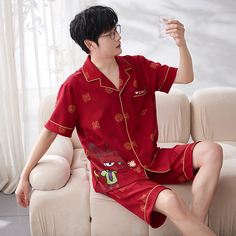 Pijamas de verano Algodón puro noble cardigan manga corta boda festiva rojo brillante desgaste hogar nacimiento año primavera y otoño traje