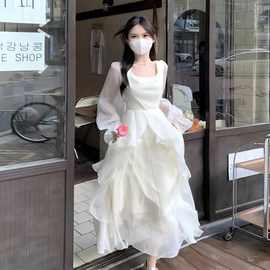 法式超仙高级长裙白色方领夏季2023新款气质淑女荷叶边度假连衣裙