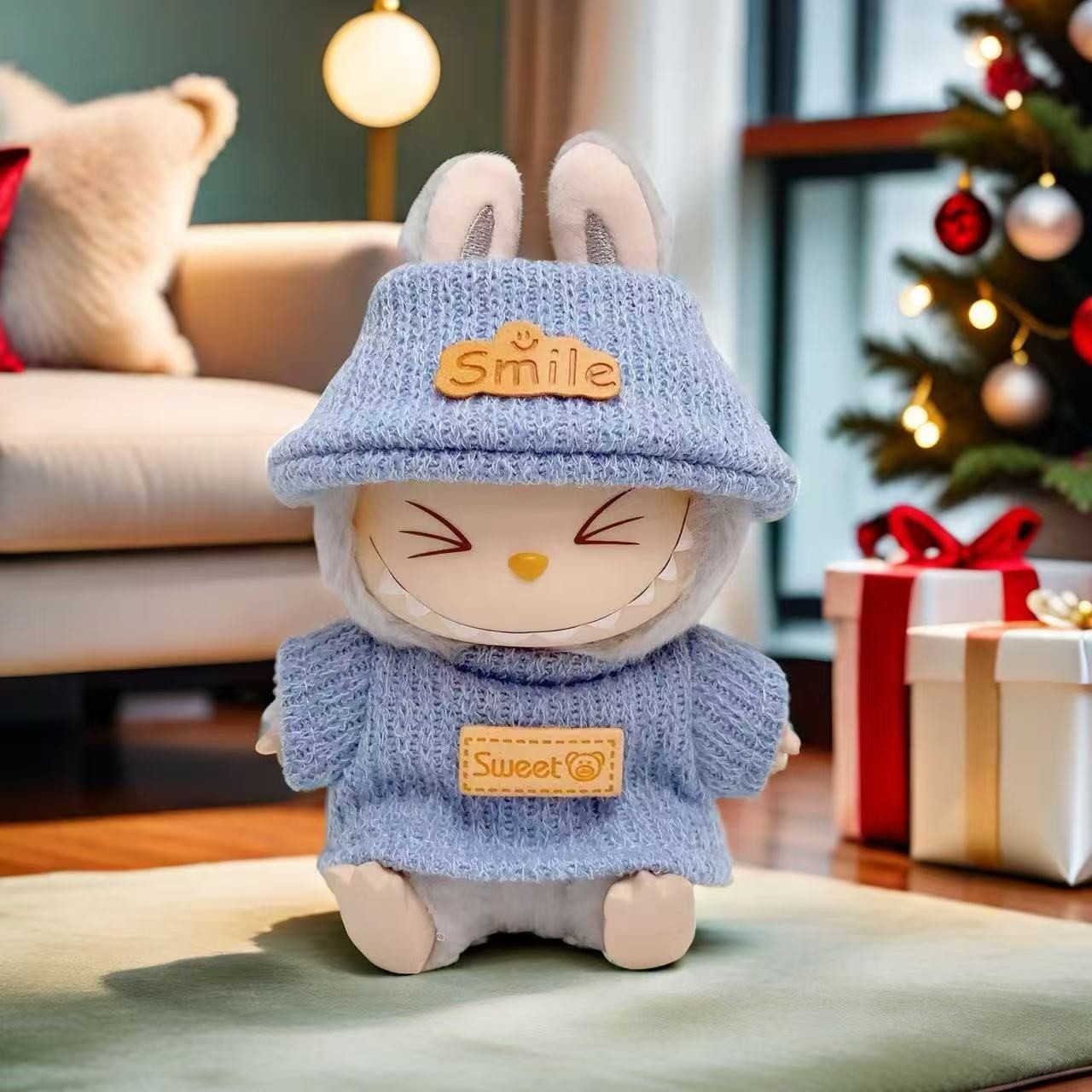 Nuevo conjunto de ropa y gorro de peluche con cara de "Sugar Glue" para muñecas, colgante de peluche, juguete Labuba, amuleto para bolso.