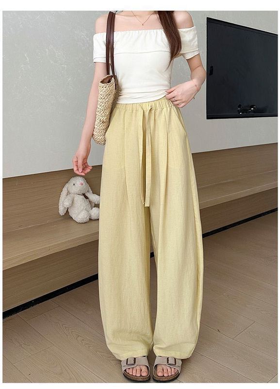 テンセルリネンストレートパンツ女性の夏薄いアイスシルクコットンとリネンパンツハイウエストドレープ怠惰なスタイル山本ワイドレッグパンツ|undefined
