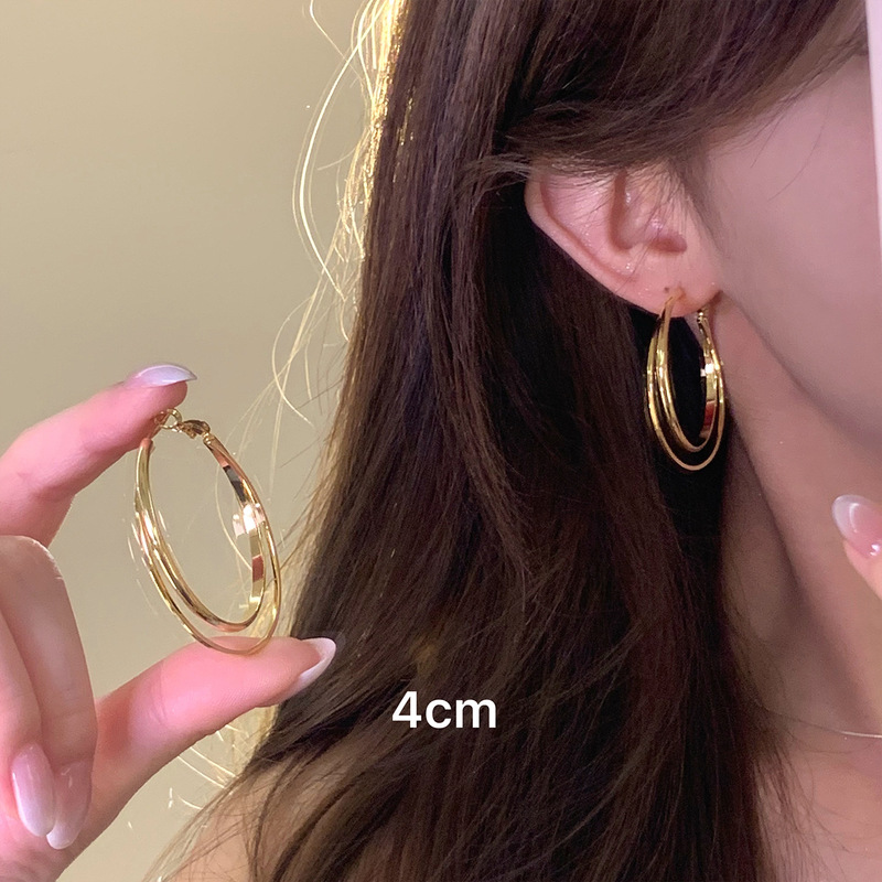 金属双层圈圈耳环女轻奢高级感气质大耳圈圆圈耳钉素圈耳饰耳扣|undefined