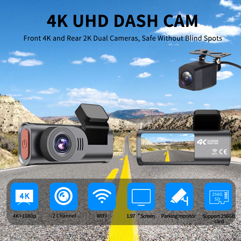 4Kgps Dash Cam with Front and Rear Dual Recording, Wifi Parking Monitoring, Dual-Lens Ultra-Clear Wide-Angle Car Camera