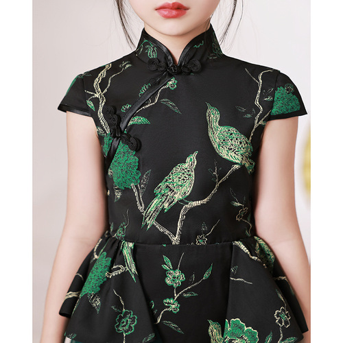 Girls dark green color rapper singers jazz dance dress gogo dancers cheongsam dresses children dress fashion catwalk show photos shooting skirts for kids