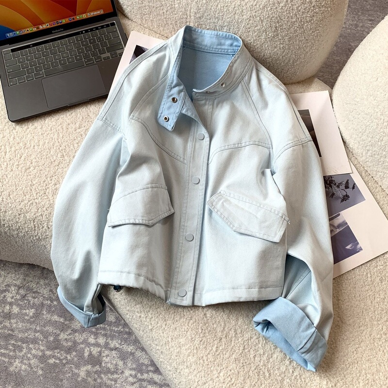 Stand-up collar, rolled sleeves, casual 2026 spring women's short jacket, petite-sized washed denim jacket, loose-fitting Korean-style top
