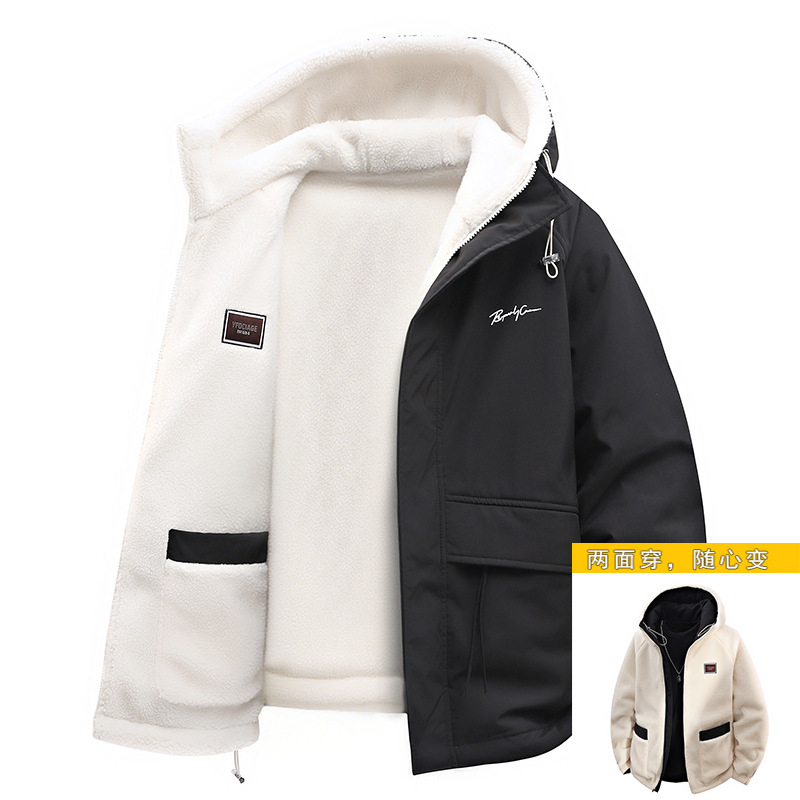 Lamb Velvet Cotton Outwear for Men 2025 New Autumn and Winter One-Piece Two-Wear Thickeneded Casual Hooded Cardigan Sweatshirt Jacket