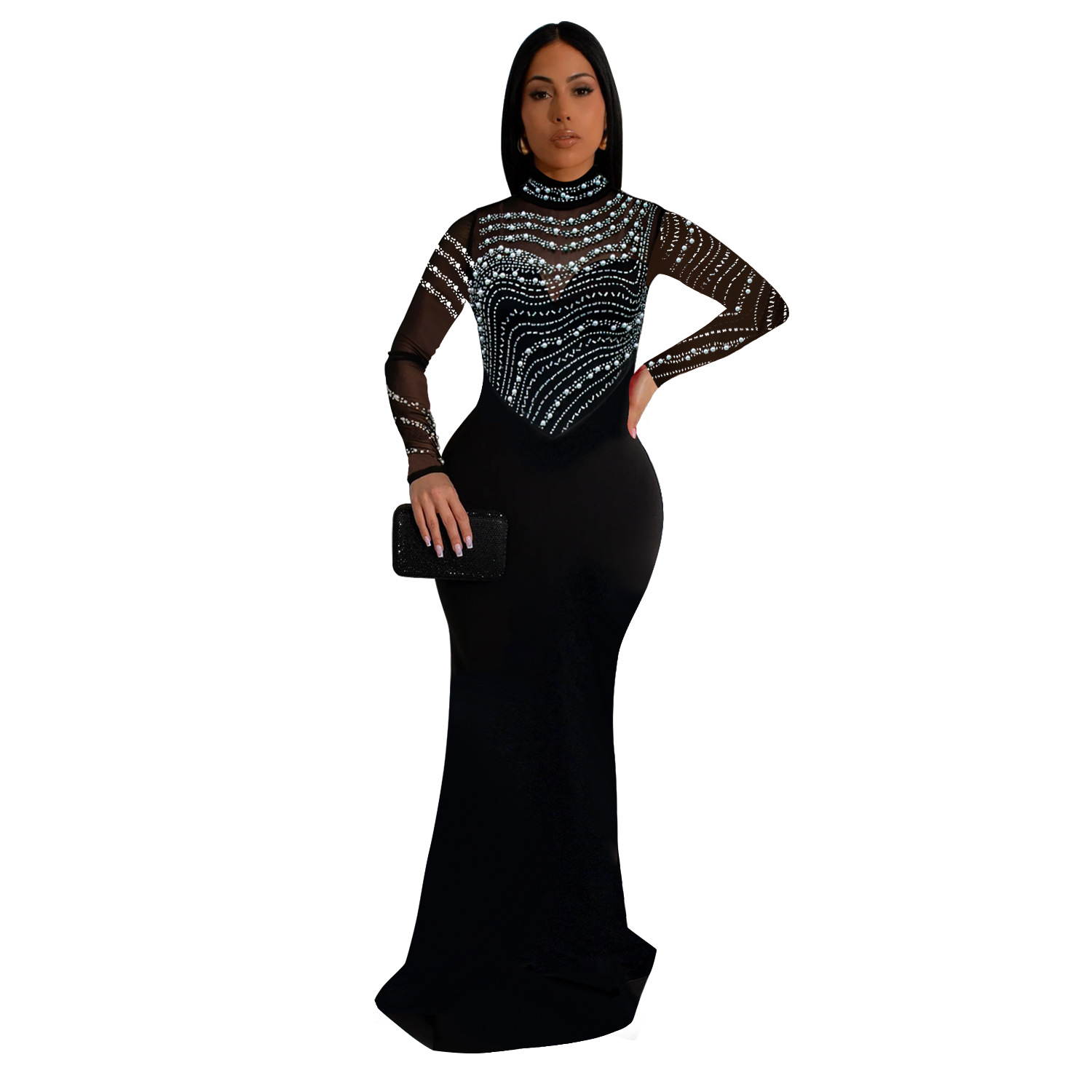 C7043 Aliexpress transfronterizo Amazon estación independiente de moda europea y americana ropa de mujer de color sólido vestido largo de diamante caliente nuevo