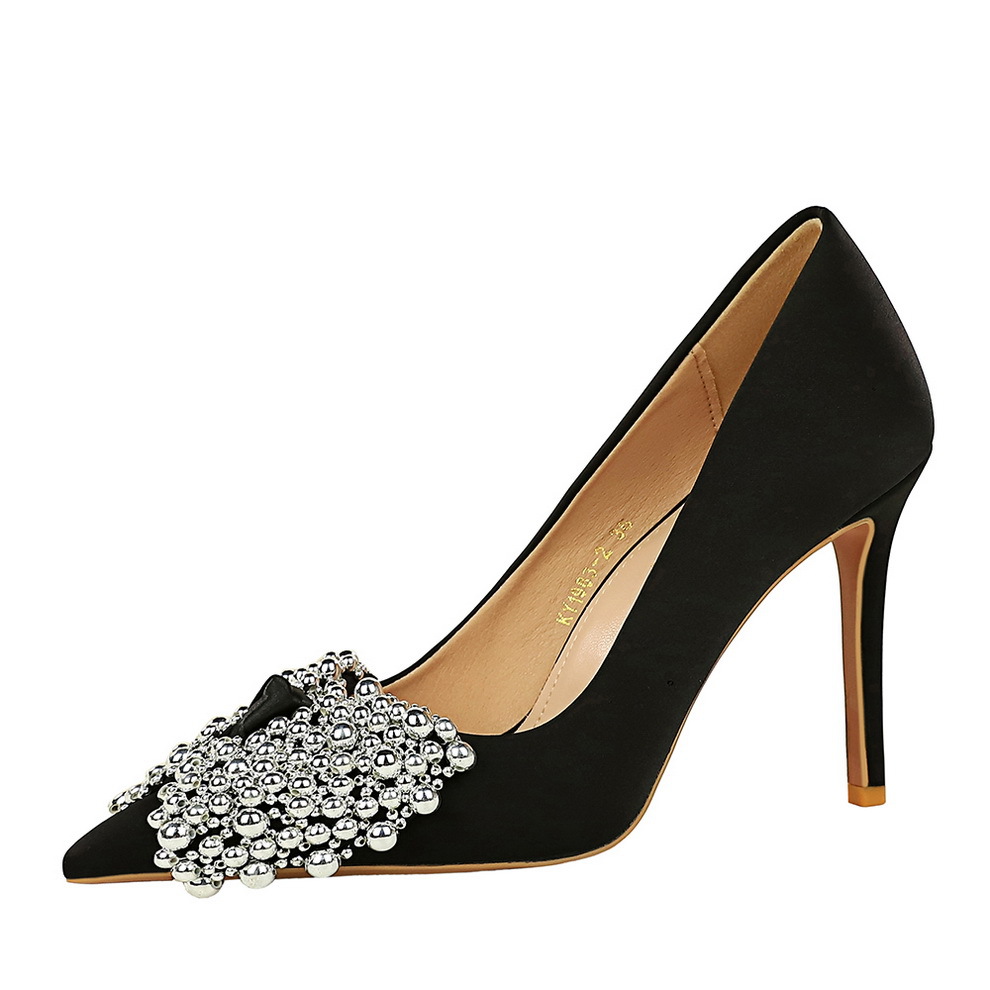 1983-H60 Korean Style Elegant Bowknot Thin Super Satin Light Luxury Pointed Toe Shallow Mouth High Heel Single Shoes_vogvips.com