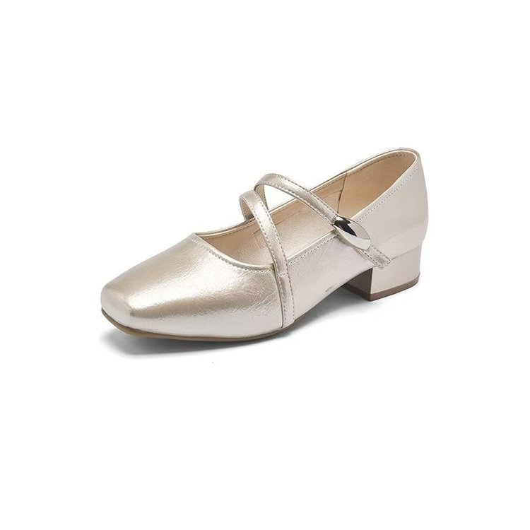 Zapatos franceses de plata para mujeres de otoño de 2025 nuevos zapatos de tacón alto, zapatos de cuero con velcro grueso