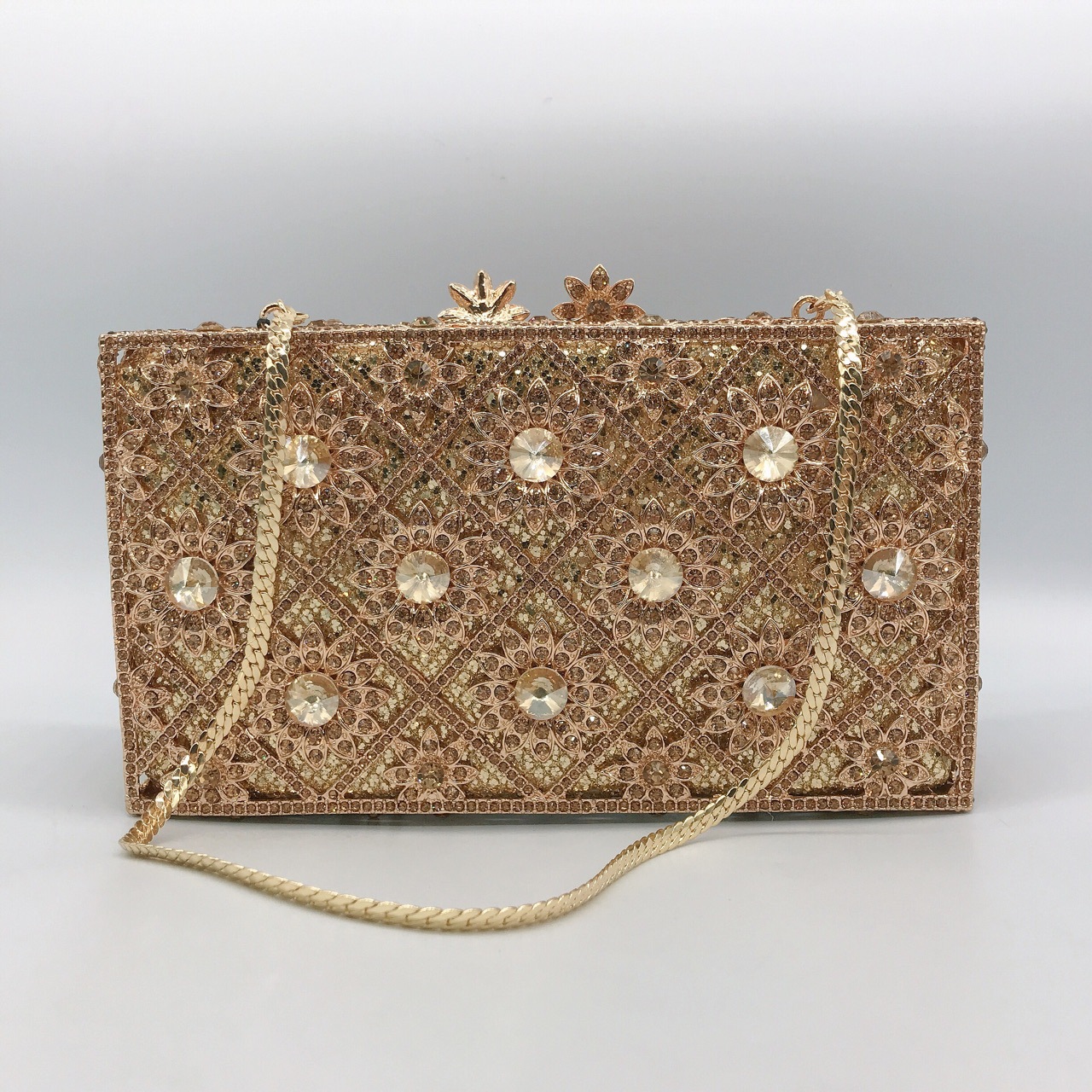Túi clutch nữ đính kim cương hình hoa hướng dương, phong cách châu Âu, hộp vuông ngang cầm tay dự tiệc — Màu vàng