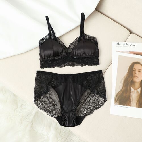 Elegance French Light Luxury Silk Underwear Set Mulberry Silk Thin Lace Splicing Silk Bra