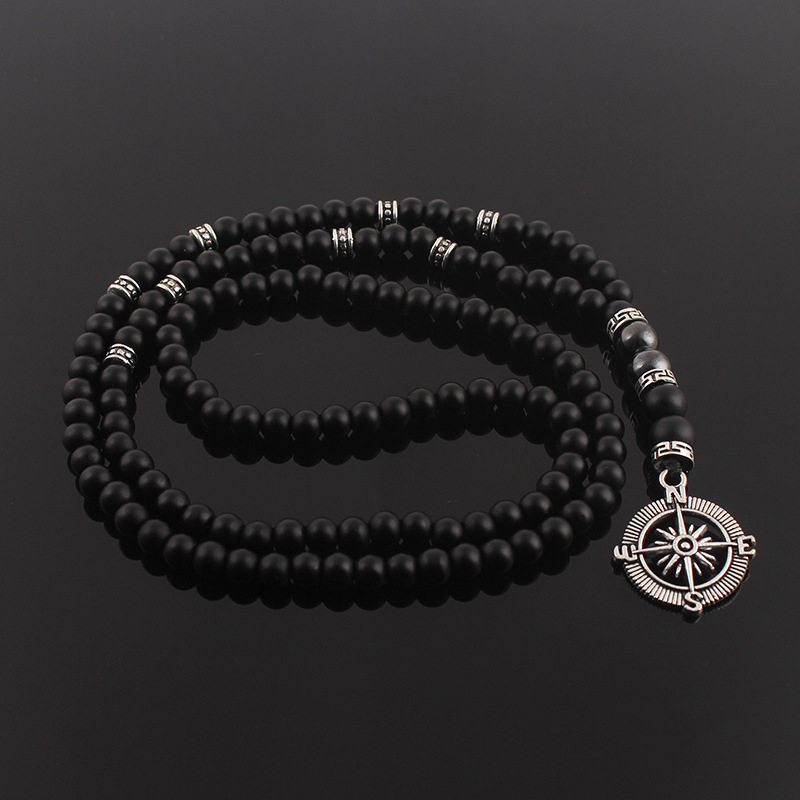 New cross-border supply imitation matte black agate alloy compass pendant necklace simple classic yoga necklace New cross-border supply imitation matte black agate alloy compass pendant necklace simple classic yoga necklace