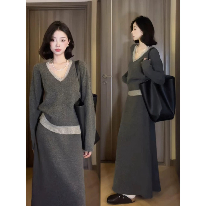 Suéter de punto gris suave viento conjunto de vestidos de niños principios de otoño 2025 nuevo conjunto completo de vestidos de otoño image 2