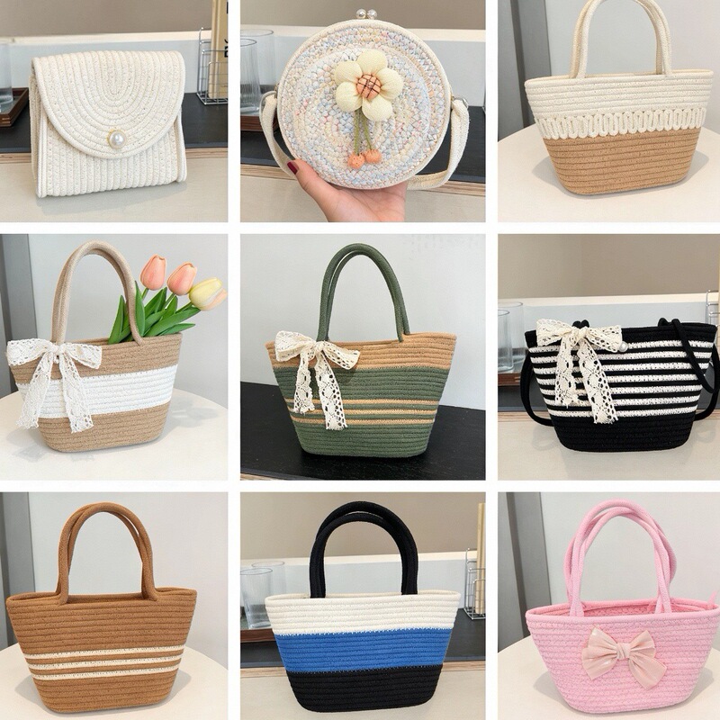 2026 New Woven Bag, Simple Grass-Woven Handbag, Cross-Body Vacation Cotton Rope Commuter Tote Bag for Women