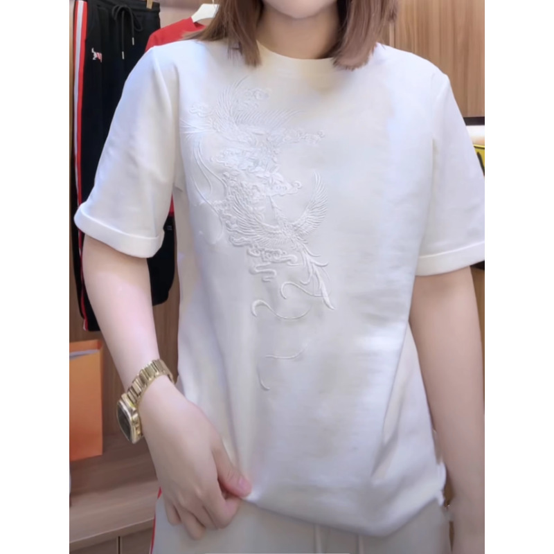 中国風重工業刺繍半袖コットン Tシャツ女性のための春と夏の新しいデザインルーズで多用途なラウンドネックボトリングシャツトレンディ|undefined