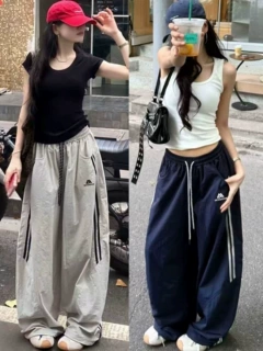 【浙江做工】灰色条纹速干工装裤女2026新款夏季阔腿宽松美式运动