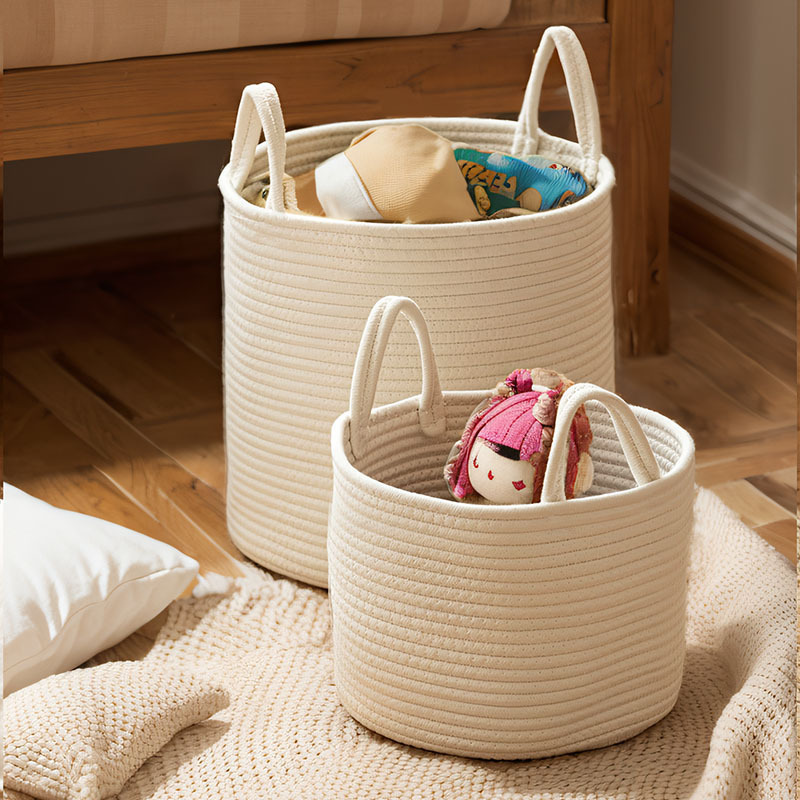 Hand-Woven Cotton Thread Dirty Clothes Basket with Handle Clothes Storage Basket Plush Toy Storage Bucket Storage Basket Basket