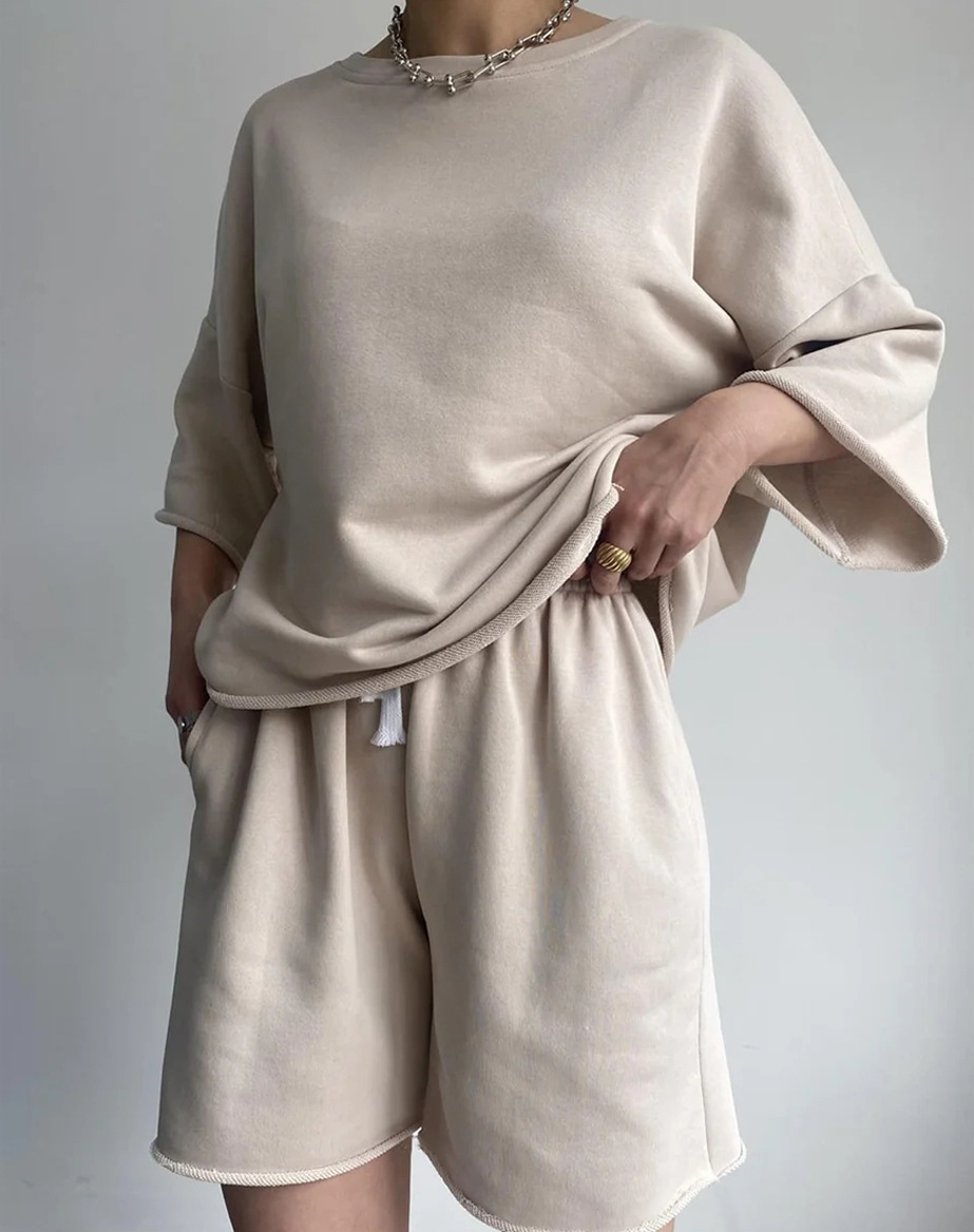 455g Weight 3/4 Length Sleeve Sleeve Length Cotton Blend, Polyester Fabric Type Shorts Co-ord Set Sets Type 2 Pieces Set Quantity Daily Occasion Round Neck Neckline Loose Fit Type Solid Color Pattern Summer, Spring Season Women's Gender Streetwear Style Daily Women's Streetwear Solid Color Cotton Blend Polyester Shorts Co-ord Set Shorts Sets 4