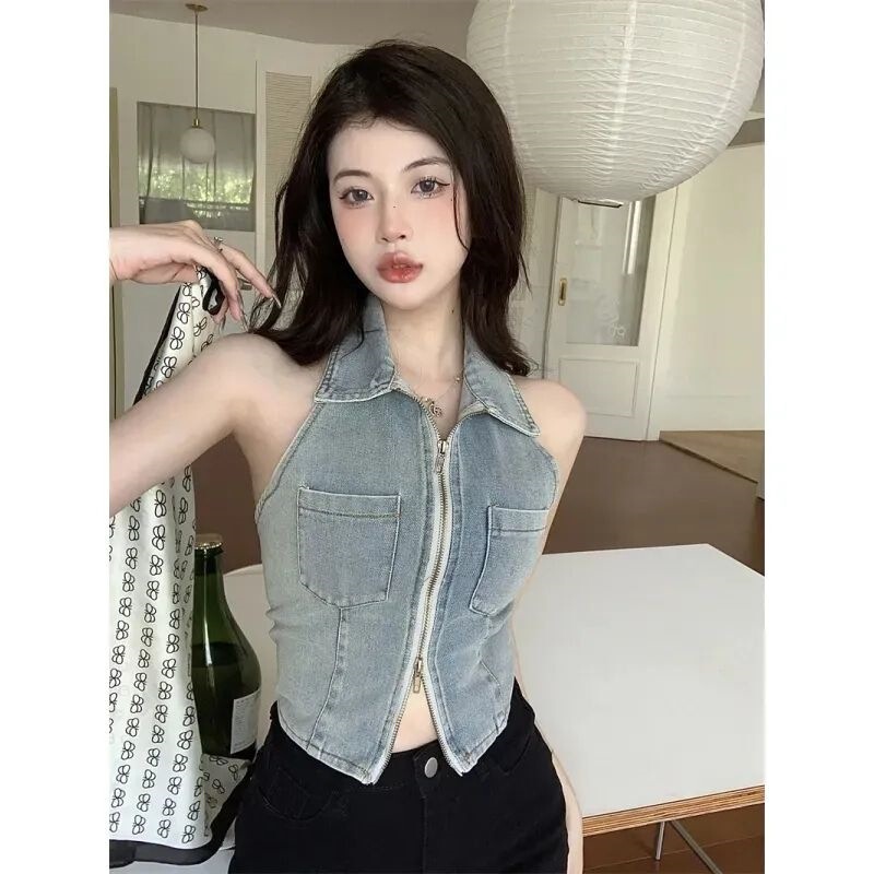 French Retro Polo Collar Denim Vest for Women, Summer Hot Girl Style Halter Neck Backless Slim Fit Short Zipper Top