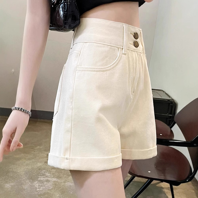 High-Waisted A-Line Denim Shorts for Women, Slimming, Hip-Covering, Summer Thin Style, Off-White, Rolled Hem, Pear-Shaped Body, Loose Wide-Leg